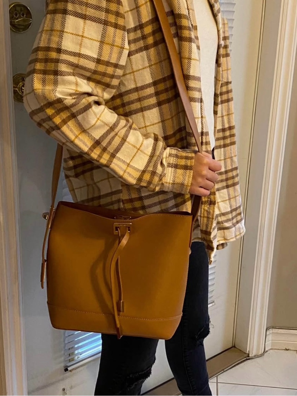 Leather Drawstring Bucket Bag - Picture 5 of 5